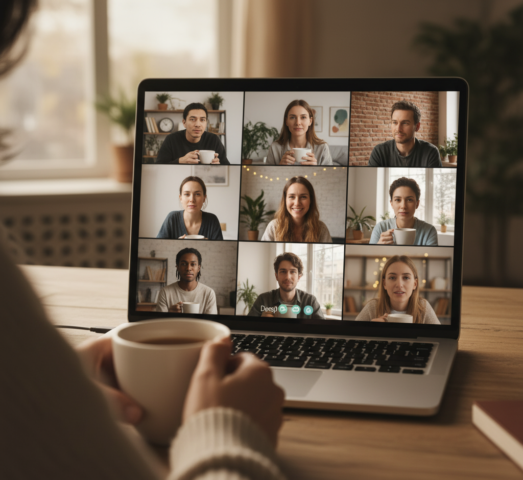 Symbolbild: Menschen treffen sich virtuell im OnlineRaum, tiefer Blickkontakt, echter Austausch, ungeschminkt, roh.